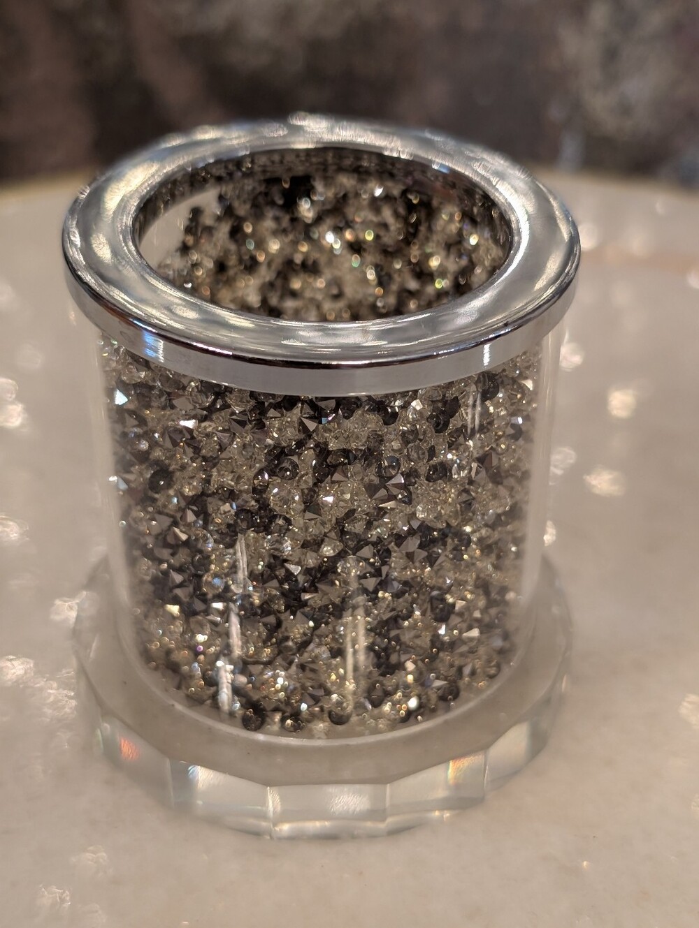 Oleg Cassini Silver & Clear Floating Glitter Crystal Votive / Candle Holder
